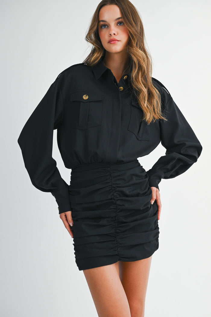 Cargo Pocket Collar Shirt Ruched Skirt Mix Dress Black