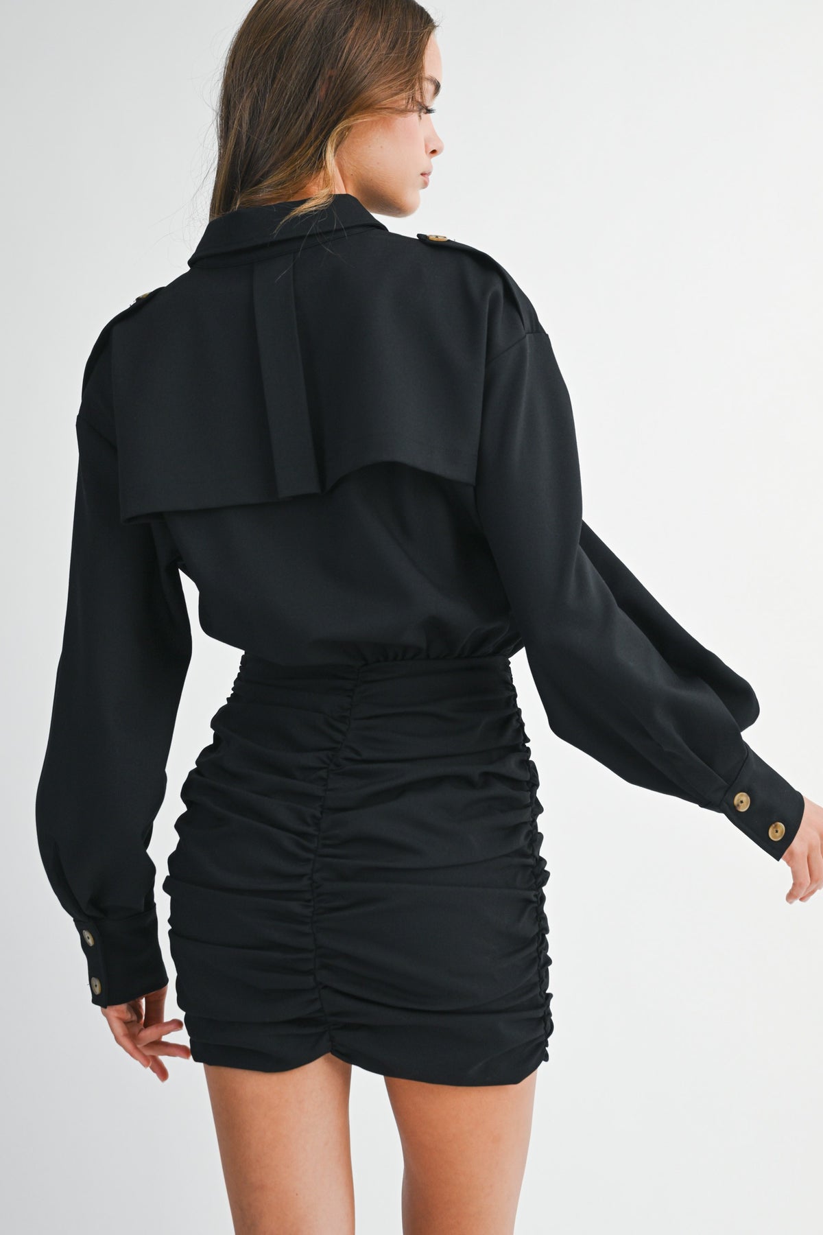 Cargo Pocket Collar Shirt Ruched Skirt Mix Dress Black