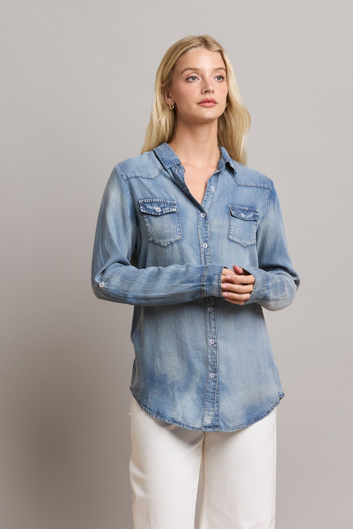 Denim Light Wash Roll Up Sleeve Top