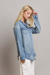Denim Light Wash Roll Up Sleeve Top