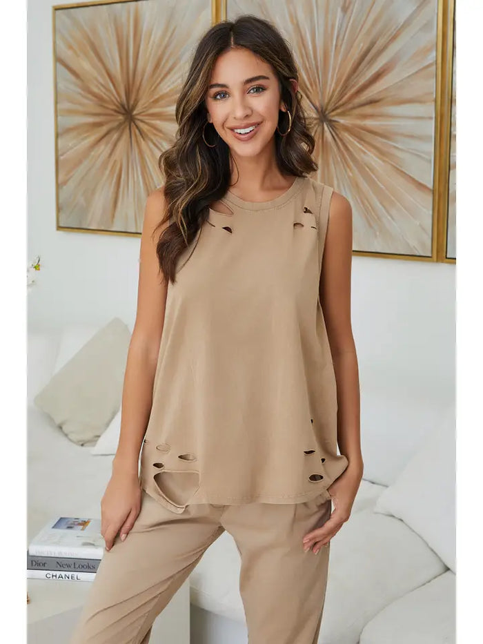 Distressed Tank Top Camel