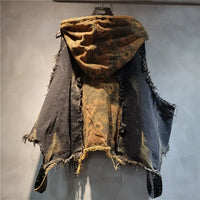 Edgy Patchwork Denim Hoodie Vest & Harem Pants Set