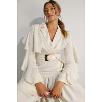 Collerd Long Ruffle Sleeve Dress Off White