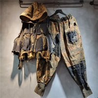 Edgy Patchwork Denim Hoodie Vest & Harem Pants Set