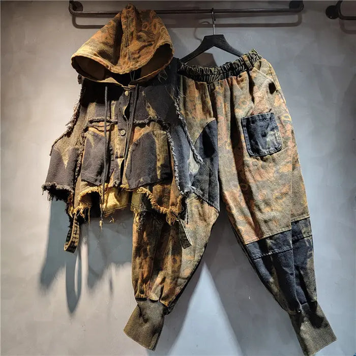 Edgy Patchwork Denim Hoodie Vest & Harem Pants Set