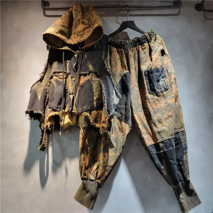 Edgy Patchwork Denim Hoodie Vest & Harem Pants Set