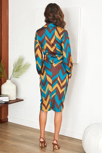 Satin Chevron Print Button Down Dress Satin Multi Color