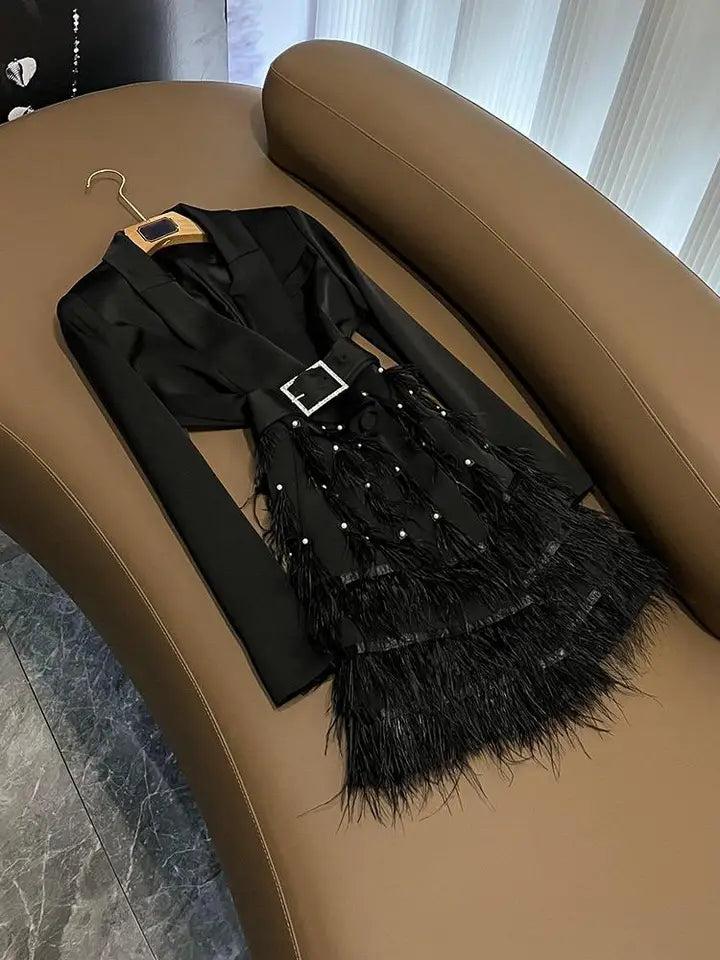 Elegant Lapel Tassel Belt Midi Dress Black
