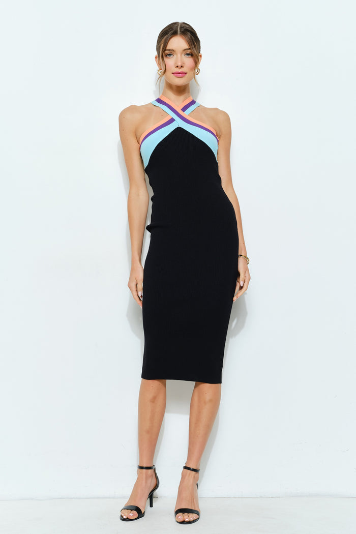 Colorblock Crisscross Halter Knit Midi Dress