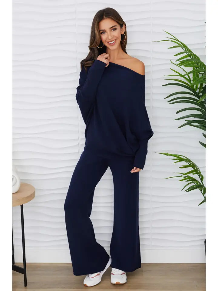 Asymmetrical Lounge Sweater-Pant Set Black
