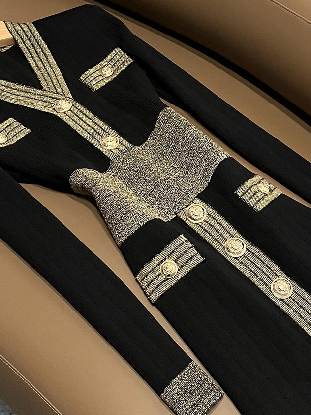 Elegant Black And Gold Sleeve knitted Dress Black
