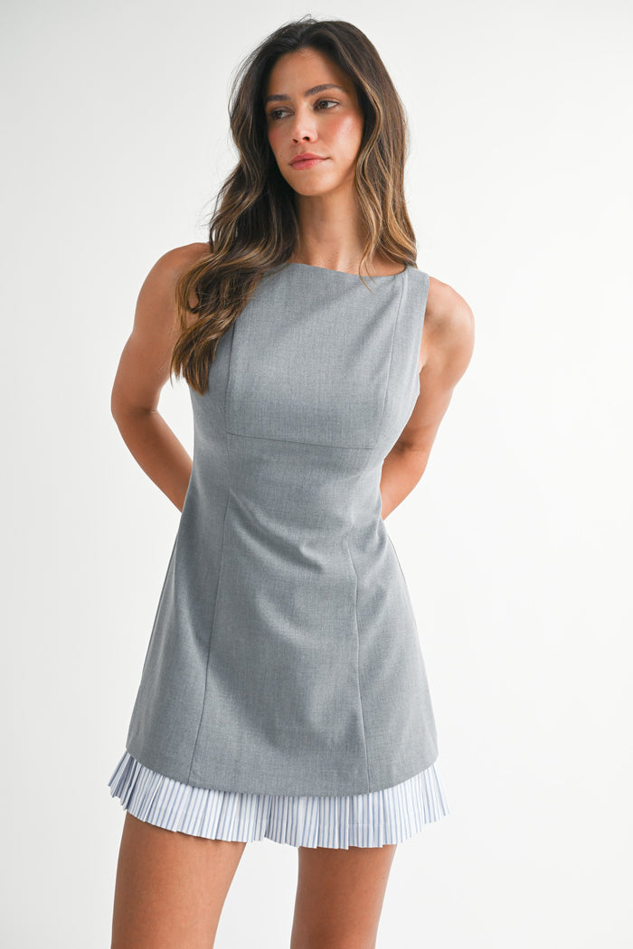 Sleeveless Contrast Stripe Pleated Hem Mini Dress Gray