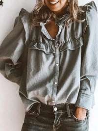 Long Sleeves Loose Buttoned Pleated Ruffled Solid washed Grey Jeans Blouse