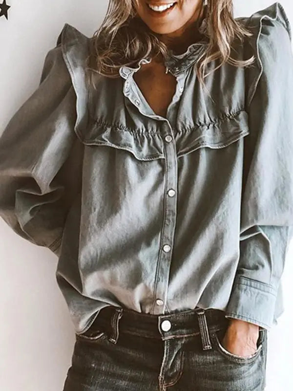 Long Sleeves Loose Buttoned Pleated Ruffled Solid washed Grey Jeans Blouse