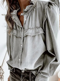 Long Sleeves Loose Buttoned Pleated Ruffled Solid washed Grey Jeans Blouse