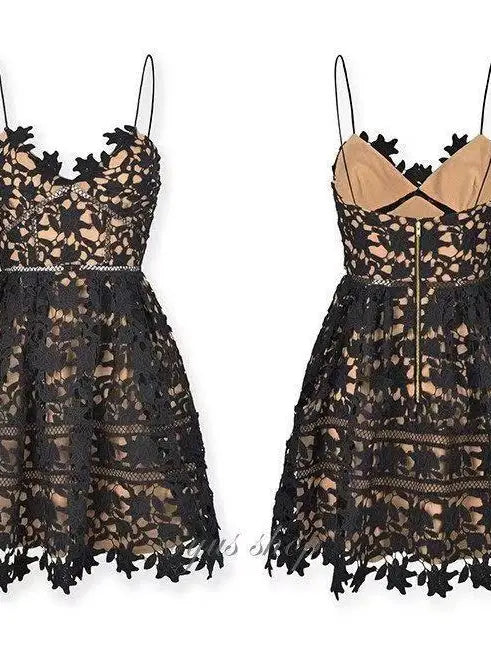 Hollow Lace Strap Mini Dress Solid Color Charm