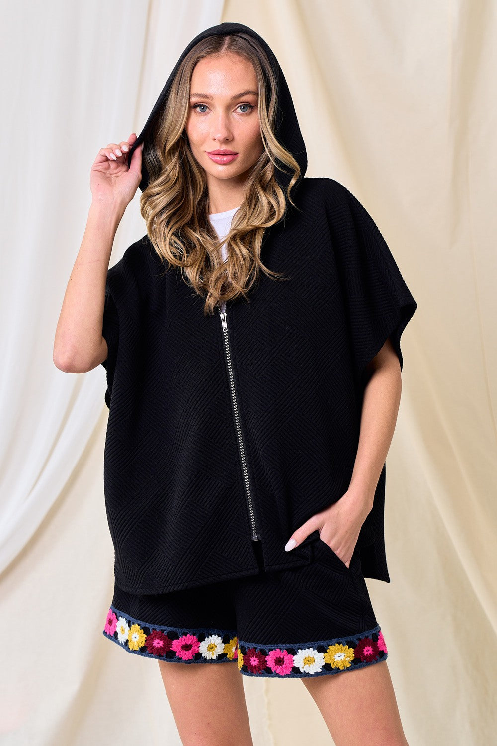 Textured Hooded Vest And Cropped Wide Pants Set Olive & Black