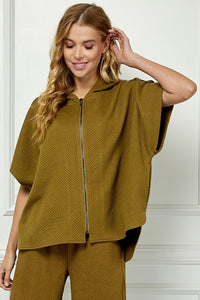 Textured Hooded Vest And Cropped Wide Pants Set Olive & Black