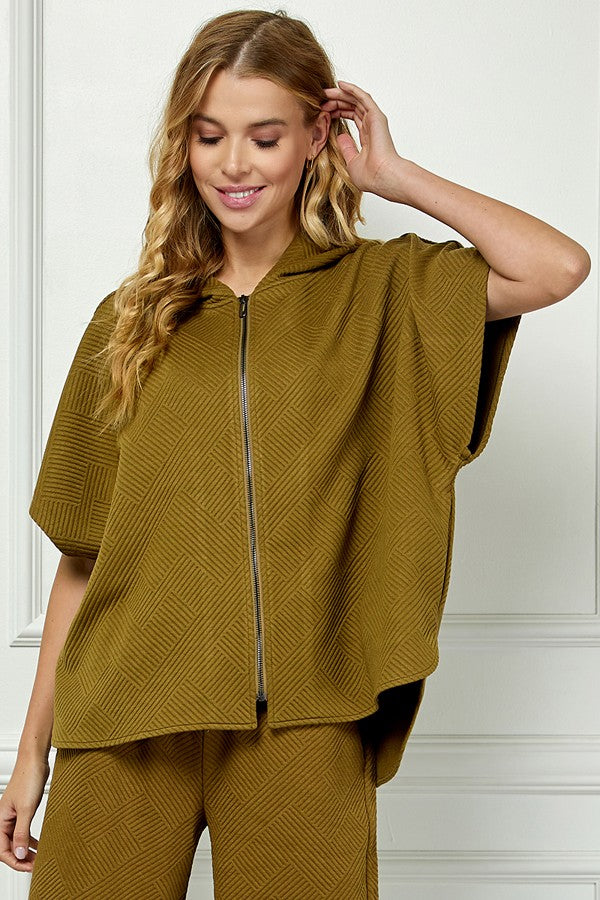 Textured Hooded Vest And Cropped Wide Pants Set Olive & Black