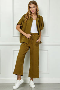 Textured Hooded Vest And Cropped Wide Pants Set Olive & Black