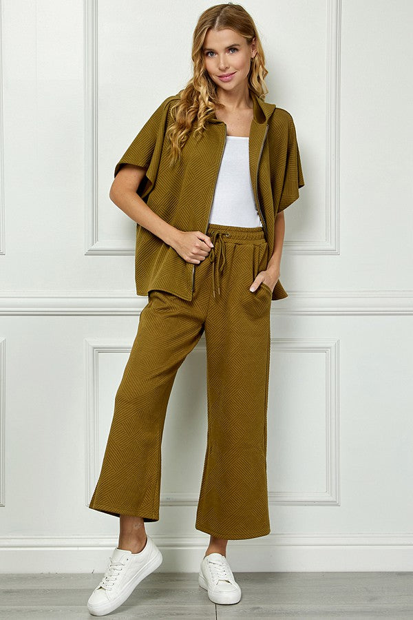 Textured Hooded Vest And Cropped Wide Pants Set Olive & Black
