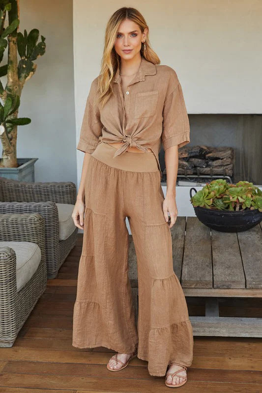 Linen Tiered Palazzo Pant Camel