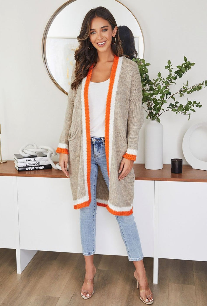 Stripe Knit  Cardigan Beige-Orange