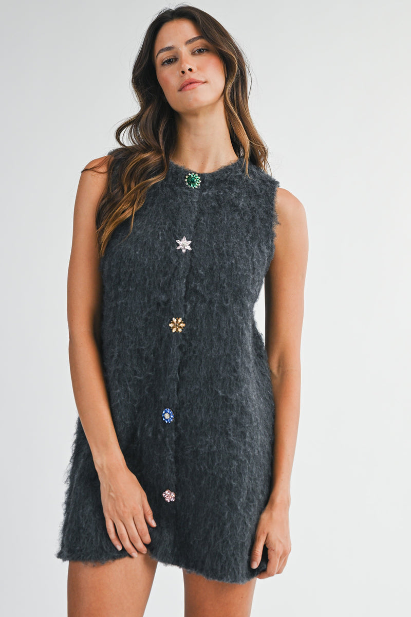 Knit Multi Color Buttons Mini Dress dark Grey
