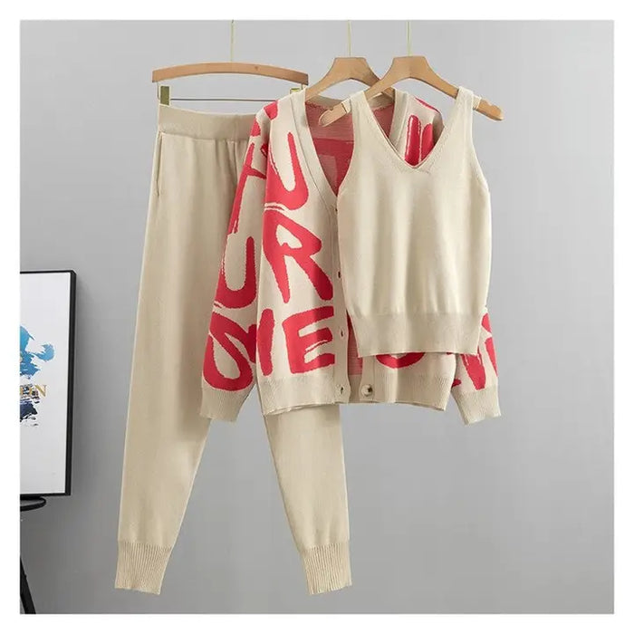3 Piece Knit Cardigan Vest-Top & Long Pants Set Khaki & Red