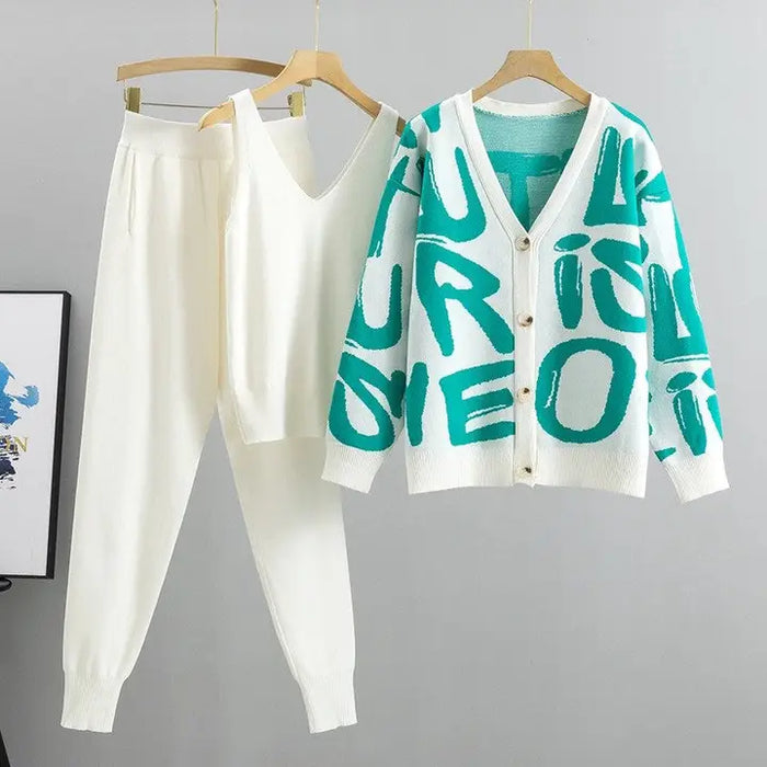 3 Piece Cardigan Vest-Top & Pants Set White & Mint