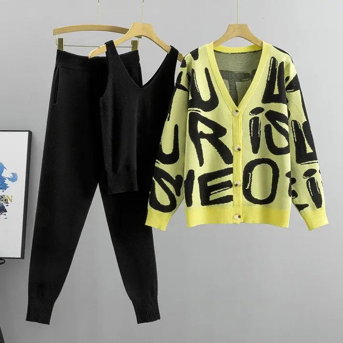 3 Piece Knit Cardigan Vest-Top & Long Pants Set Yellow & Black