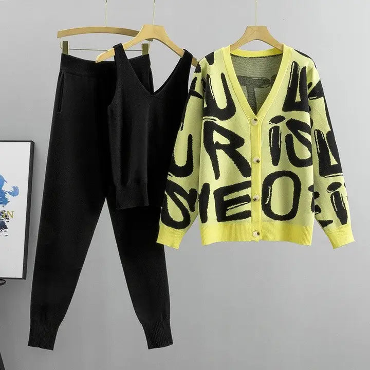 3 Piece Knit Cardigan Vest-Top & Long Pants Set Yellow & Black