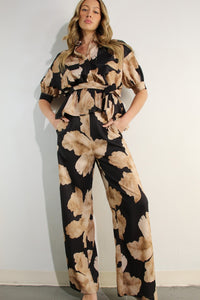 Short Sleeve Back Pleats Top & Pants Set Mocha