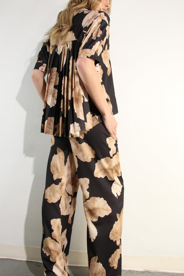 Short Sleeve Back Pleats Top & Pants Set Mocha