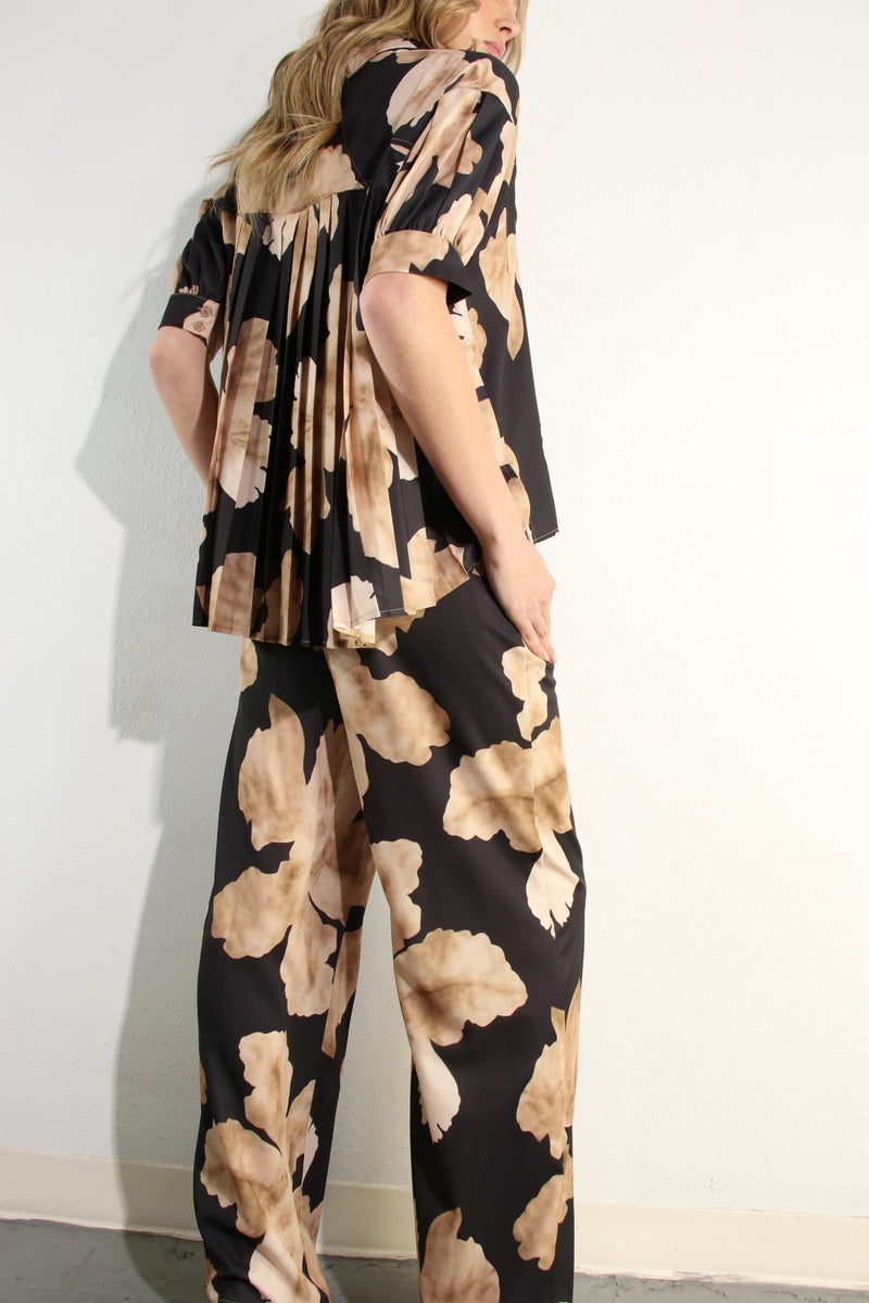 Short Sleeve Back Pleats Top & Pants Set Mocha