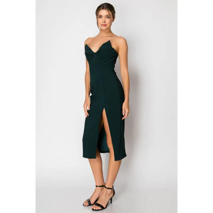 Structured Sweetheart Strapless Midi Dress Green