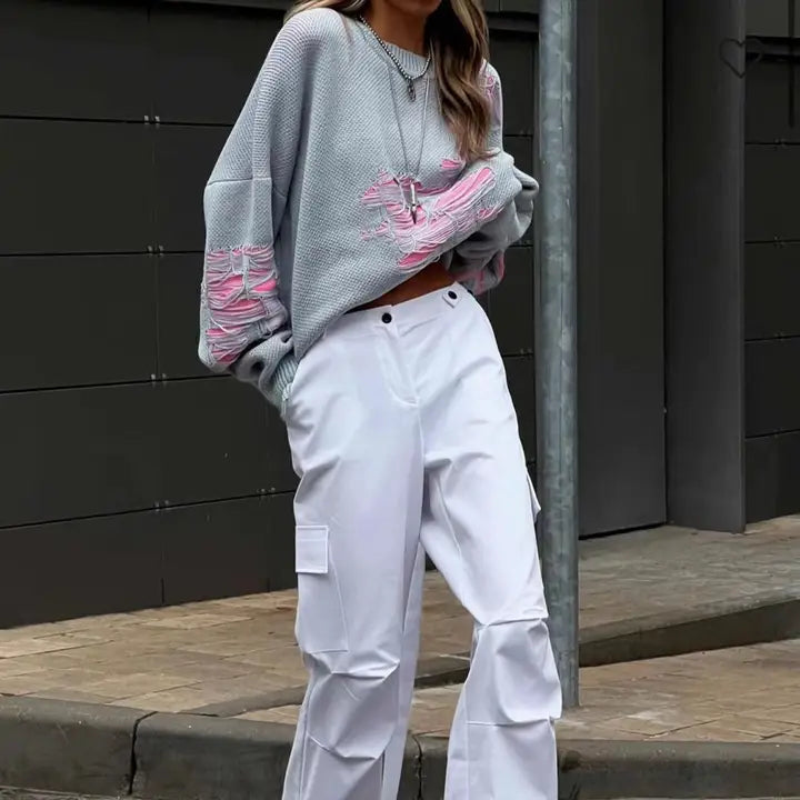 New Retro Oversized Distressed Sweater Gray