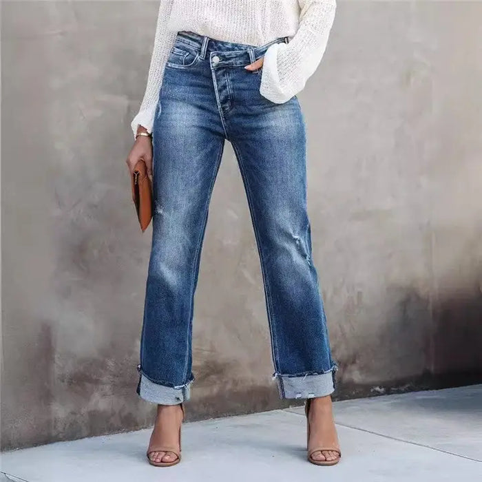 Relaxed Cross Over Straight Leg Denim Jeans