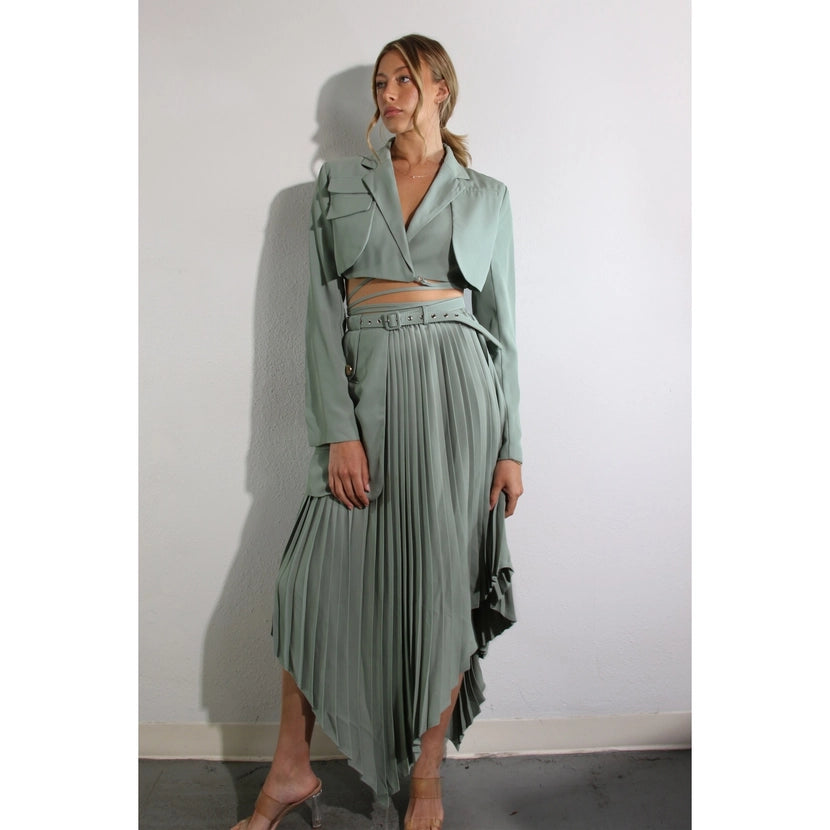 Pocket Crop Jacket & Pleated Dress , Mint