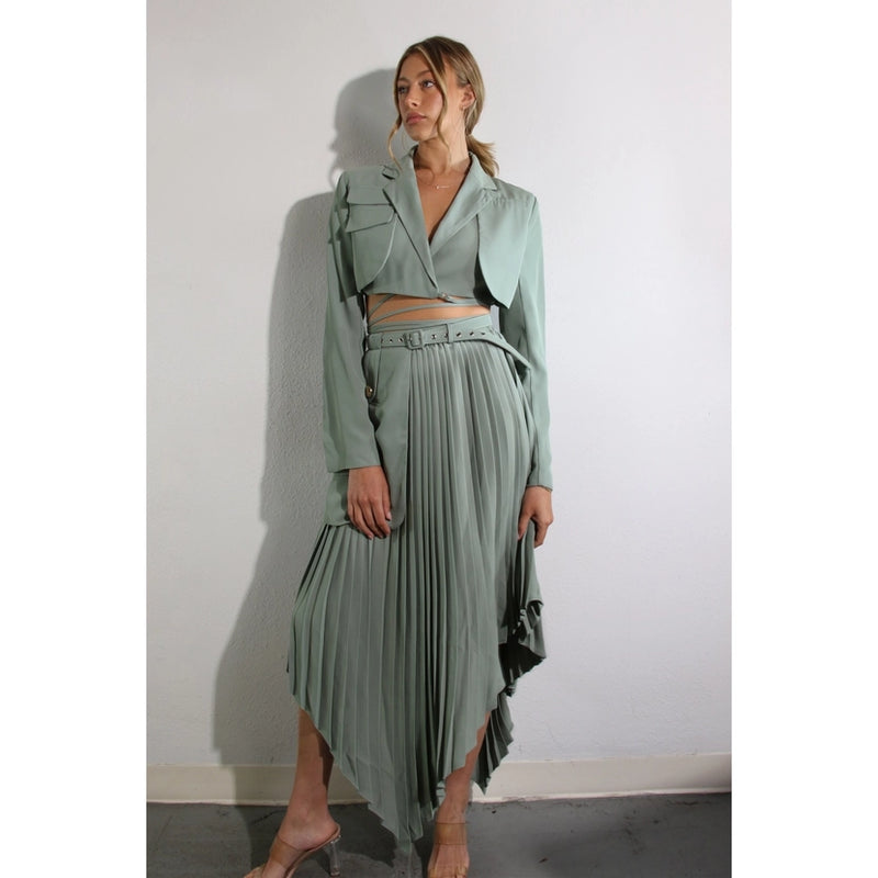 Pocket Crop Jacket & Pleated Dress , Mint