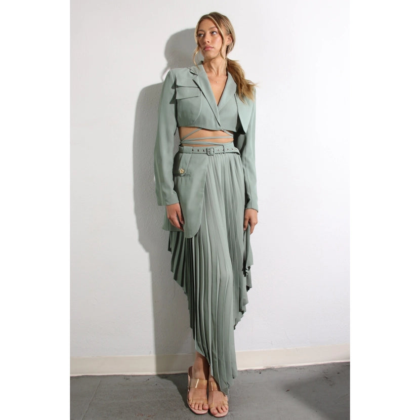 Pocket Crop Jacket & Pleated Dress , Mint