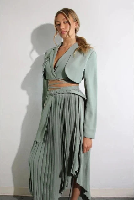 Pocket Crop Jacket & Pleated Dress , Mint