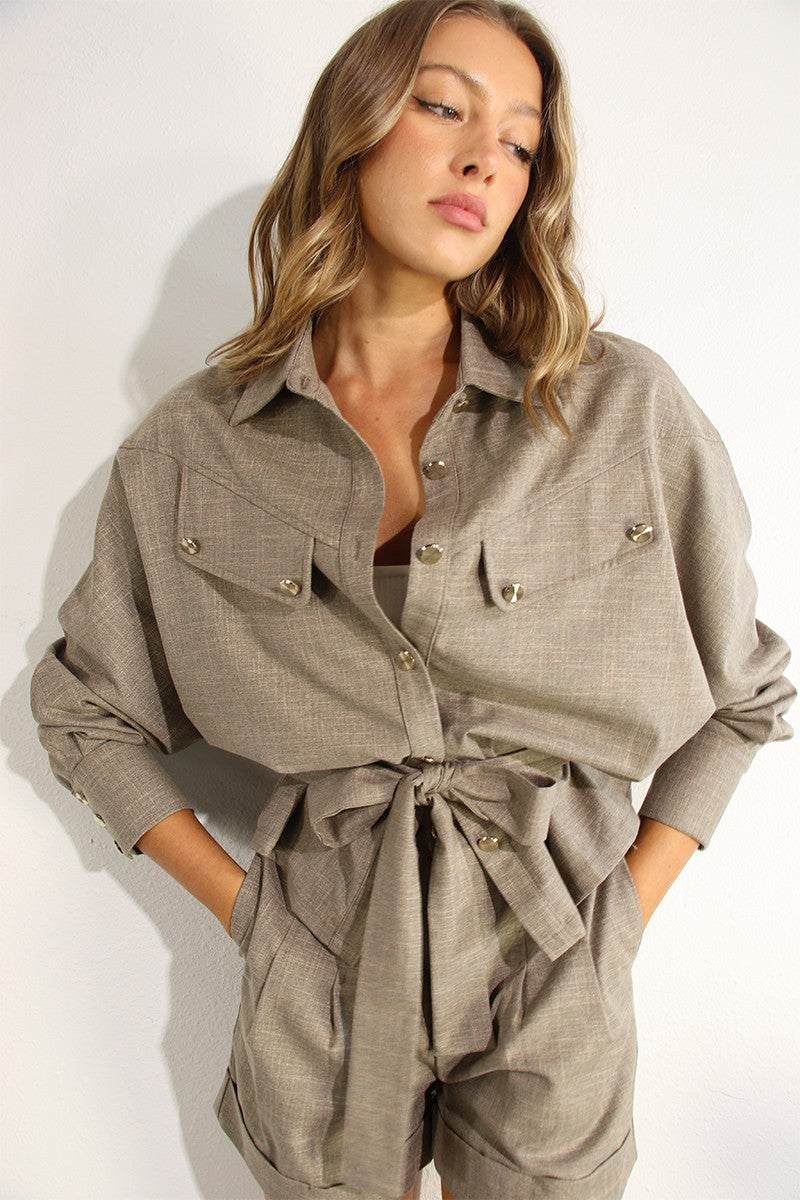 Long Sleeve Jacket & Short Set Mocha
