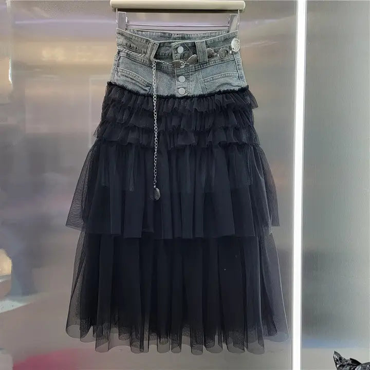 Spliced Denim Mesh High Waist Jeans & Tulle Skirt