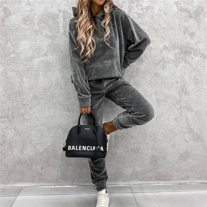Solid Velvet Gray Hoodie & Sweatpant Set