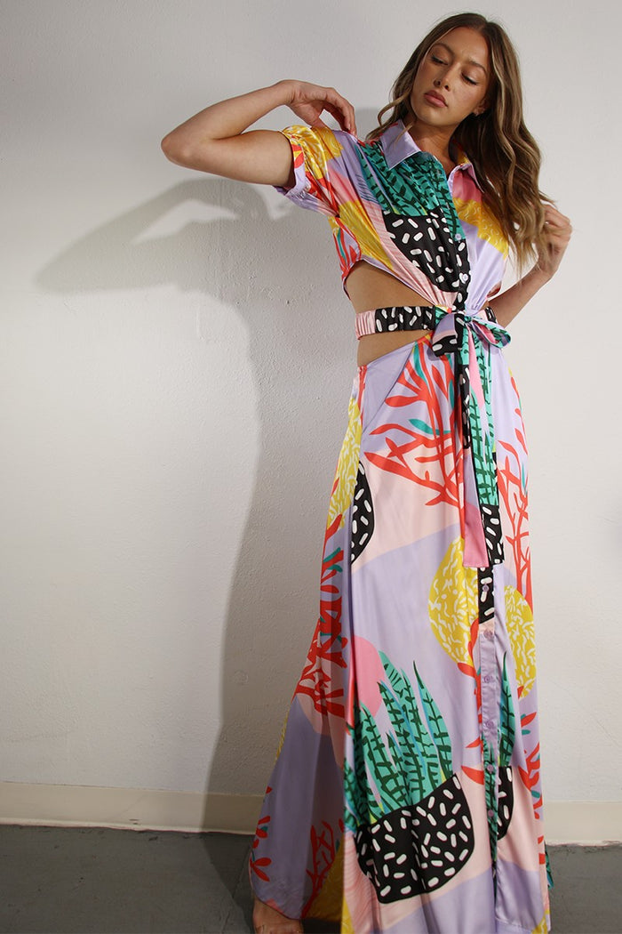 back Open Waist band Shirt maxi Dress